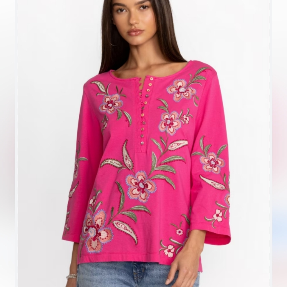 Johnny Was Libbi Pink Cotton Embroidered Blouse 1X